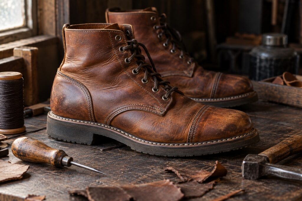 Illustrative leather boots and traditional cobbler tools on a workbench; not a completed shop repair